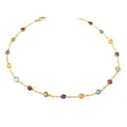 14k Yellow Gold Cable Chain Link Anklet And Alternate Round Faceted 5 Color Stones, 10"