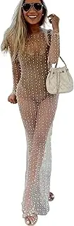 [SouiWuzi] Sexy Women's Sheer Mesh Pearl Rhinestone Cover Up Dress Bathing Suit Coverups for Swimwear Bikini Summer Beach Dresses, Beige M