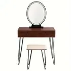 NNETMLZ Industrial Dressing Table Stool Set with LED Oval Mirror(Rustic Brown)
