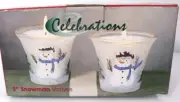 Celebrations Hand Painted Snowman Votive Glassware with Candles 3" NIB Set of 2
