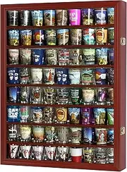 Maple Home Shot Glass Display Case Wall Shot Glass Cabinet Rack Holder Lockable with UV Protection Door Shot Glass Collection Display Cabinet Mirror Back (Cherry Finish)