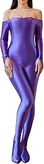 FiwoXam Womens Sexy Glossy Shiny Off Shoulder Long Sleeve Bodystocking Footed Jumpsuit Unitard Bodysuit