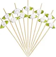 Minisland White Rose Flower Cocktail Picks, 4.7 Inch Long Bamboo Fancy Toothpicks for Appetizers, Decorative Bridal Shower Wedding Valentines Party Food Drinks Fruit Skewer Sticks 100 Counts - MSL227