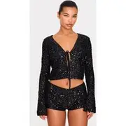 Black Textured Sequin Tie Top, Black