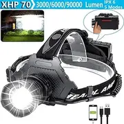 LED Rechargeable Headlamp 3000/6000/90000 High Lumen, XPH70 Brightest LED Work Headlight Zoomable, Waterproof, 90° Adjustable, 5 Modes Lightweight Head Lamp fo