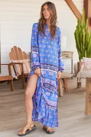 JAASE - Kensey Maxi Dress: Mandarin Collar Long Sleeve Tiered Dress in Bluey Print