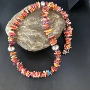 Red Orange Spiny Oyster Navajo Pearls Sterling Silver Necklace 21” 14307