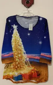 Jason Maxwell Womens Large Blue Tunic Christmas Tree Sky Print Blouse NWT! A1794