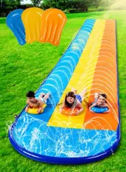 Triple Water Slide with 3 BodyBoards, 18ft Lawn Water Splash Slip and Slide S...
