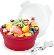 [Lunbengo] 1200ml Large Camping Bowl with Foldable Spoon, Collapsible Bowl With Lid, Silicone Bento Box Container, For Travel Camping Meal Prep & Food Storage, Microwave Dishwasher Safe, Red