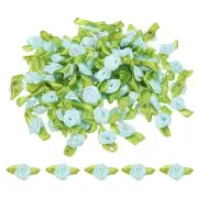 Mini Ribbon Roses, 100 Pcs Satin Fabric Flowers with Green Leaves, Light Blue