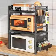 Microwave Oven Rack, 2-Tier Expandable Microwave Toaster Shelf with Utensil Holder, Adjustable Countertop Microwave Stand, Multi-Functional Carbon Steel Over Microwave Shelf with 6 Hooks (Black)