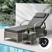 Livsip Sun Lounge with Table Wheeled Outdoor Furniture Wicker Day Bed Grey