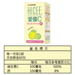 HICEE 愛喜C 維生素C 500mg+鈣 口嚼錠(檸檬口味) 60錠／20錠【新高橋藥局】愛喜C+鈣口嚼錠