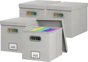 GRSQYS 4 Pack File Storage Box with Lid File Boxes for Hanging Decorative Hanging Folders Organizer with One-Piece Plastic Frame Slides (Light Grey, 13.2x 10.1 x 10.1 inch（4Pack）)