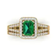 1.6ct Emerald Round Cut Halo Emerald Stone Ring bridal Set 14k Solid Gold