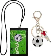 [Onperpoe] Children's Neck Pouch with Lanyard Wallet with Football Keyring Neck Pouch Boys Wallet Cute Purse Child with Note Compartment Coin Compartment, Green, Black, 12 * 8 * 1cm, Breast Pouch Children