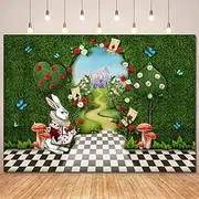 Wonderland Backdrop for Birthday Photography,Wonderland Tea Party Backdrops Fairy Castle Green Grass Fence Wonderland Photo Background for Kids Birthday Decorations Banner Newborn Portrait Props 8x6ft