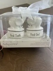Baby Aspen First Curl First Tooth Ceramic Elephant Keepsake Boxes White Silver