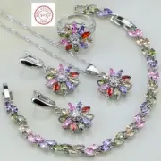 4 pc 925 Sterling Silver Unique Flower Multicolor Stones - 8 or 9 ring size
