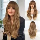 Long Ombre Brown Wig with Bangs Layered Curly Wigs for Women Natural Syntheti...