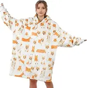 [Huglanket] Corgi Gifts, Corgi Lover Gifts Wearable Fleece Blanket Hoodies, Super Soft Warm Cozy with Big Pockets - One Size Fits Most, White, One size