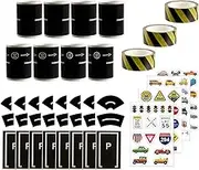 EKIND Black Road Sets, 8 Rolls 196"X2" Sticker Tape, 3 Rolls 196"X0.6" Black & Yellow Warning Tape, 28 Traffic Sticker Set for Toy Car DIY Traffic Adhesive Removable Tape (Set D)