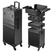 5 in 1 Professional Makeup Train Case Aluminum Cosmetic Case, Rolling Makeup Case Extra Large Trolley Makeup Travel Organizer, with 360° Swivel Wheels & Adjustable Pull Rod,