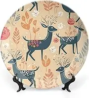 Deer Pattern Ceramic Decorative Plates, Decorative Dishes for Display, Boho Style Dinner Plate with Display Stand, China Plate for Home Decor