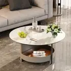 Stylish 2 Tiers Circular Coffee Table End Side Table Stoned Top Leather Bottom