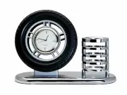 DESKTOP TIRE CLOCK WITH PEN AND PENCILS HOLDER SILVER FINISH