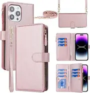 Cavor for iPhone 15 Pro Case 6.1 inch PU Leather Folio Flip Wallet Back Cover Magnetic Case with Long Shoulder Lanyard Zipper Coin Purse 9 Card Holder Kickstand Wristlet Strap-Rose