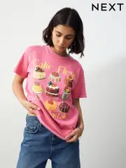 Raspberry Pink Oversized Washed Cake Sweet Treats Food Graphic Print Short Sleeve Crew Neck T-Shirt (W56840) | $45