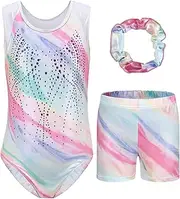 [Happy Cherry] Gymnastic Leotards for Girls Activewear Tumbling Outfit Sparkle Ballet Dance Leotards Set with Shorts