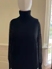 AQUA Womens Black Turtle Neck Cashmere Sweater Size M NWT Textured Sheer Sleeve