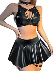 [Lilosy] Sexy Fishnet Stocking Chocker Strappy Underwire O Ring Push Up Garter Belt Women Lingerie Set Rave Outfit Harness Cutout Bra Panty Skirt 5 Piece Latex Black Large, Black, Large