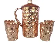 Rastogi Handicrafts Pure Copper Water 1500 ml Jug Capaciy Set Pitcher 300 ml Glass Diomond Cut Shape Drink Ware Set Storing Drinking Water Ayurveda (1 JUG 4 Glass)