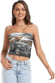 [RPLIFE] Highland Cattle Driving Car Coastal Summer Tops, Strapless Cami, Sheer Tube Tops, Trendy Crop Tops (S)