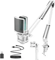 Gaming Microphone with Articulated Arm,White Computer Condenser Mic Fit for PC Mac Recording Podcasting Streaming