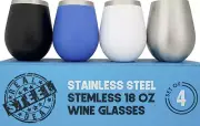 Real Deal Steel Metal Wine Glass Set of 4 Stemless Stainless Steel Wine Tumblers
