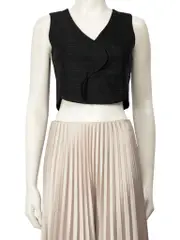 Black Wool Wavy Opening Pinstripe Cropped Top