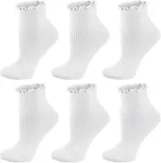 [Amexo] 6 Pairs Ruffle Socks, White Ruffle Ankle Socks Frilly Crew Socks Lettuce Edge Socks for Women Girls School Office Daily, White, One size