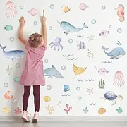 Ocean Animal Wall Decals,Under The Sea Whales Wall Decal Stickers,Under The Sea Wall Decals,Removable Fish Under Sea View Animals Peel and Sticks Wall Art Decor