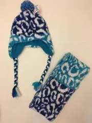 NWT JUSTICE GIRLS BLUE ANIMAL PRINT CHEETAH HAT & SCARF SET INFINITI SCARF POM P