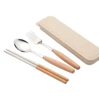在飛比找momo購物網優惠-【PS Mall】湯匙 筷子 叉子 餐具組 原木 不鏽鋼 三