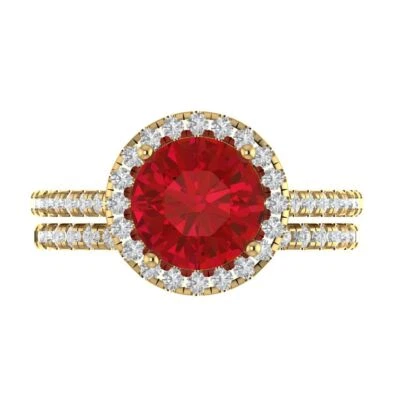2.72 Round Cut Halo Pave Ruby Stone Ring Band bridal Set 14k Yellow solid Gold