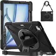 JSUSOU iPad Air 13 Inch Case Cover 2024/2025 M2/M3 with Pen Holder | iPad Air 13 Case for Kids A2898 A2899 A2900 | Heavy Duty Shockproof Rugged Protective Case W/Handle Strap Sholuder Strap | Black