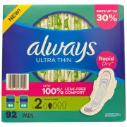 Always Ultra Thin Long Super Pads with Flexi-Wings, Unscented, Size 2, 92 ct