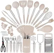 RFAQK Kitchen Utensils Set with Holder, 40PCs Silicone Cooking Utensils for Nonstick Cookware,Heat Resistant Kitchen Tools & Gadgets with Can Opener,Potato Peeler,Tongs, Spatulas, (40 Pcs Khaki)
