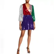 Alice + Olivia Blaze Multicolor Sequinned Blouson Sleeve Mini Dress size 2